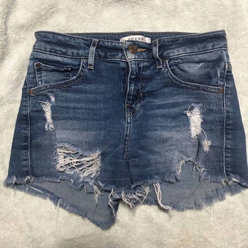 Guess Shorts Womens 25 Blue Denim Distressed High Rise Raw Hem Casual